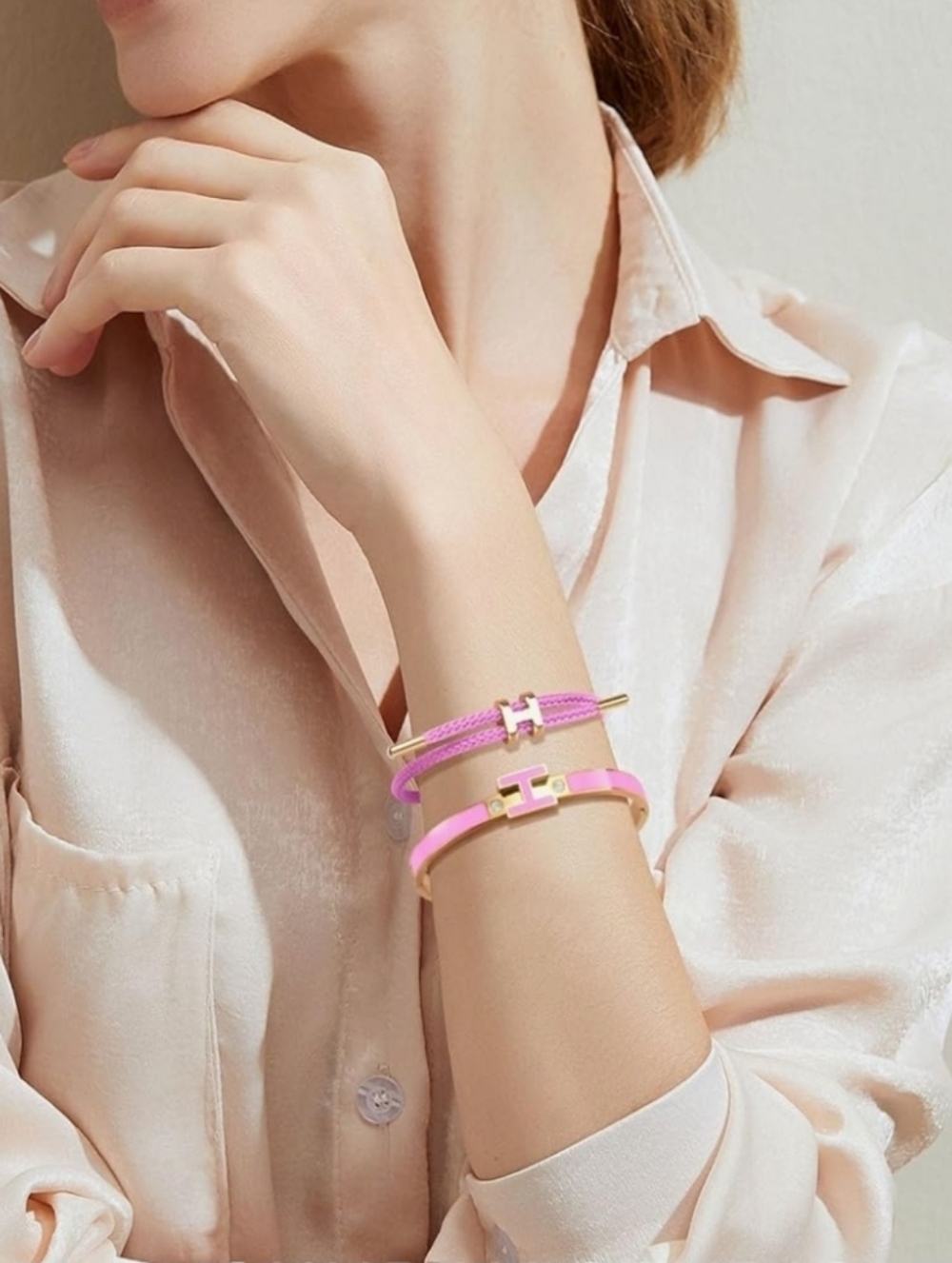 2pcs 18k Gold Plated H Bangle and H Wire Rope Bracelet Set